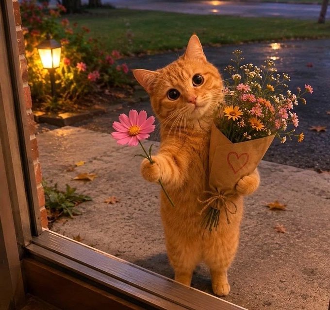 An AI-generated image of an orange tabby cat standing on its hind legs at a doorway, holding a single pink flower in one paw and a bouquet of wildflowers wrapped in paper in the other.
