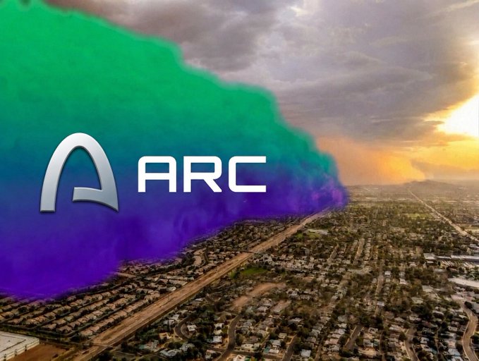 The image features an aerial view of a city, likely a suburban or residential area, with homes scattered throughout. The cityscape stretches from the foreground to the background of the photograph. In the top left corner of the photo, there's a large chunk of green colored smoke flowing down towards the center of the image. Below this smoke, an ARC logo is prominently displayed in white and purple colors, positioned directly below the sky. A caption is also present in the image that reads "gArc Architects on @arc It takes 6 months to break free of poverty. It takes 3 to 5 years to build wealth It take 1 trade to do that in 24 hours. And it take 1 trade to get you liquidated to 0 Stay with me Happy new week".