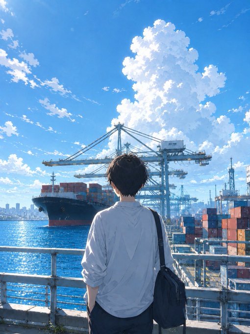 An anime-style illustration of a young man with a black messenger bag standing at a railing, looking out over a port filled with shipping containers and large cranes under a bright blue sky with fluffy clouds.