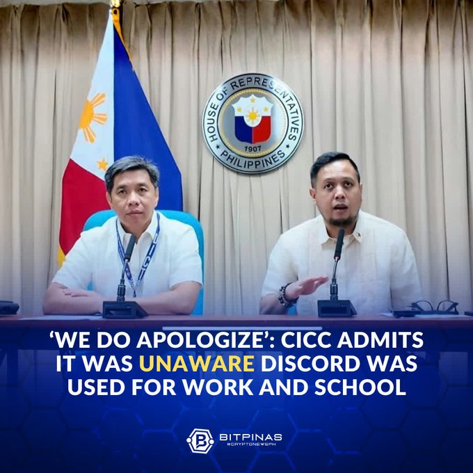 Two men sit at a desk in front of the Philippine flag and House of Representatives seal, with a banner reading ''WE DO APOLOGIZE': CICC ADMITS IT WAS UNAWARE DISCORD WAS USED FOR WORK AND SCHOOL' credited to BitPinas.