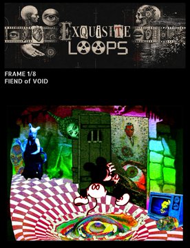 A digital art piece titled 'Exquisite Loops' Frame 1/8 'Fiend of Void', featuring a stylized Mickey Mouse-like character in a surreal, colorful room.