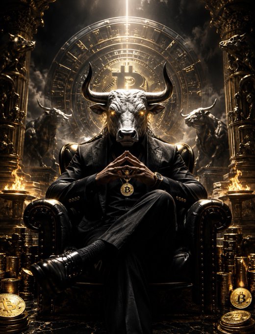 A powerful figure with a bull's head wearing a sharp black suit sits on a throne surrounded by golden Bitcoin coins and an ornate Bitcoin emblem. The image visually embodies the post's message of confident, bull-like conviction in building a crypto portfolio around the ticker $TBB.