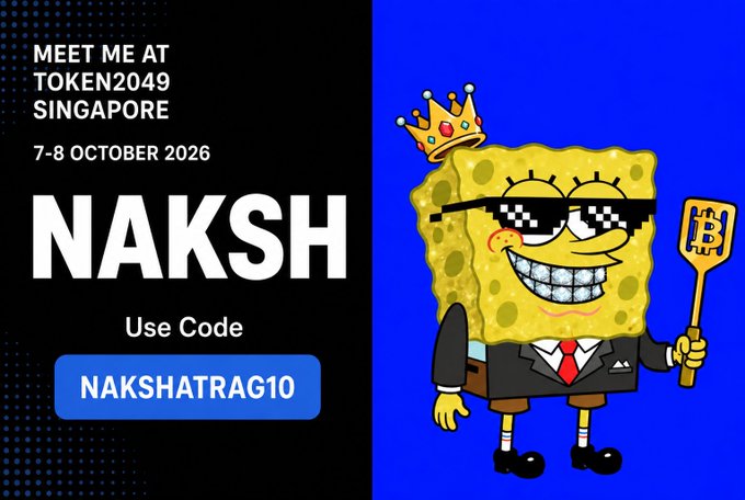 A promotional graphic announcing NAKSH as an official partner of TOKEN2049 Singapore (October 7-8, 2026), featuring a SpongeBob character wearing pixelated "deal with it" sunglasses and a crown while holding a Bitcoin-themed scepter, with a discount code "NAKSHATRAG10" for 10% off main conference tickets.