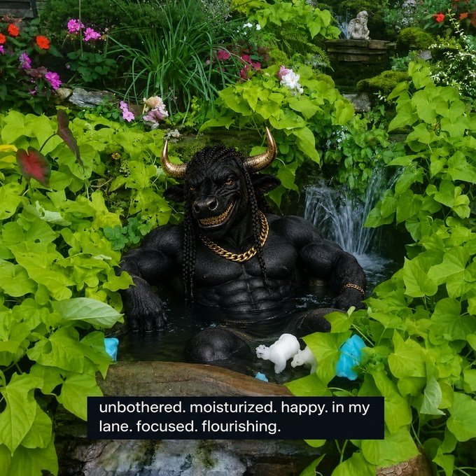 A muscular black minotaur with gold horns and a gold chain sits relaxed in a garden hot tub surrounded by lush greenery, with a caption reading 'unbothered. moisturized. happy. in my lane. focused. flourishing.'
