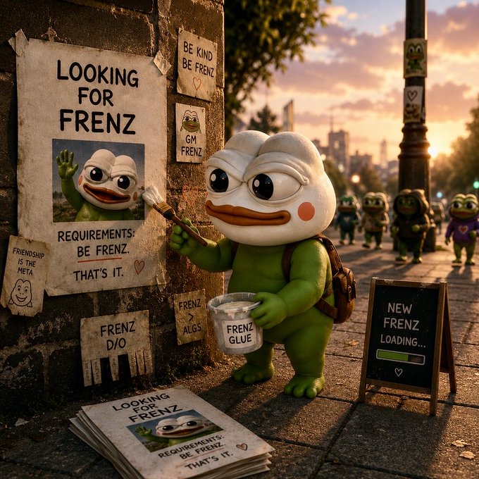 A 3D-rendered scene of a green frog-like character with a duck bill holding a paintbrush and bucket of 'FRENZ GLUE', standing next to posters reading 'LOOKING FOR FRENZ' and 'REQUIREMENTS: BE FRENZ. THAT'S IT.' on a city street at sunset.