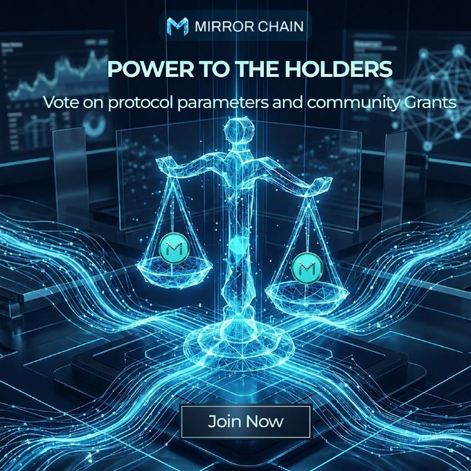 A Mirror Chain advertisement with the tagline 'Power to the Holders,' encouraging users to vote on protocol parameters and community grants, featuring glowing scales of justice.