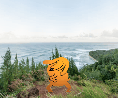 An orange cartoon figure with arms raised stands on a dirt path overlooking a scenic coastal landscape with ocean waves, pine trees, and a beach.