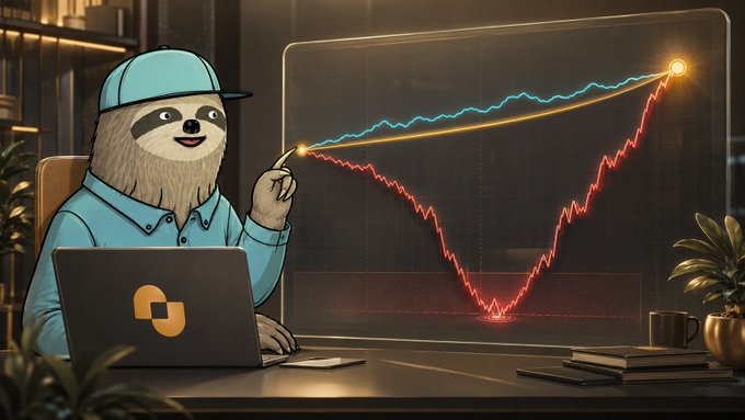 An animated sloth wearing a blue cap and shirt sits at a desk with a laptop, pointing at a stock chart displaying blue, yellow, and red trend lines on a transparent screen.