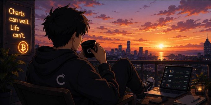 An anime-style illustration of a person drinking from a mug on a balcony at sunset, with the text 'Charts can wait. Life can't.' and a Bitcoin logo.
