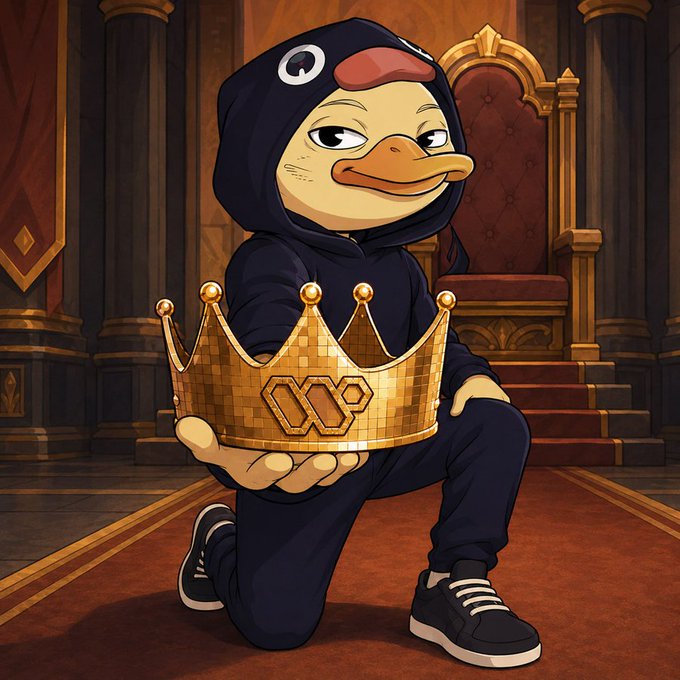 The image features a cartoon duck wearing a black hoodie with a gold crown on its head, standing on one knee while holding a golden crown above its head. The background of the image shows a red carpet leading up to an ornate throne, suggesting that this scene takes place in a palace or similar grand setting. The post about Infra is written in white text at the bottom right corner of the image.