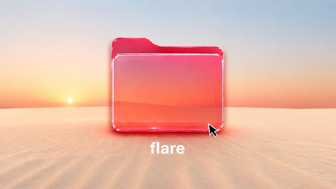 A glossy, translucent red 3D folder icon labeled 'flare' sits on a sandy surface under a sunset sky, with a black mouse cursor pointing to its bottom right edge.