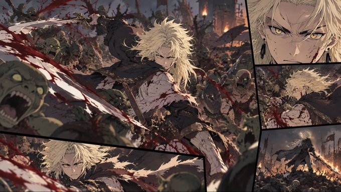 A comic book-style illustration shows a blonde warrior with glowing swords fighting zombies and skeletons in a bloody battle.