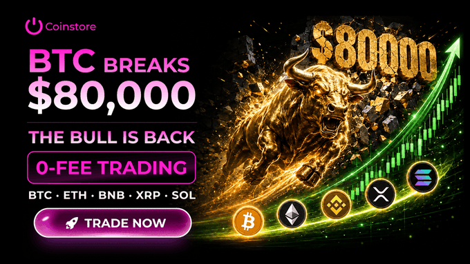 A Coinstore promotional graphic stating 'BTC BREAKS $80,000 THE BULL IS BACK' featuring a golden bull and cryptocurrency logos.