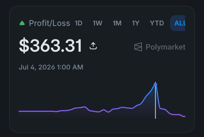A Profit/Loss dashboard showing $363.31 for Polymarket, with the 'ALL' time period selected and a line graph showing a sharp peak around Jul 4, 2026.