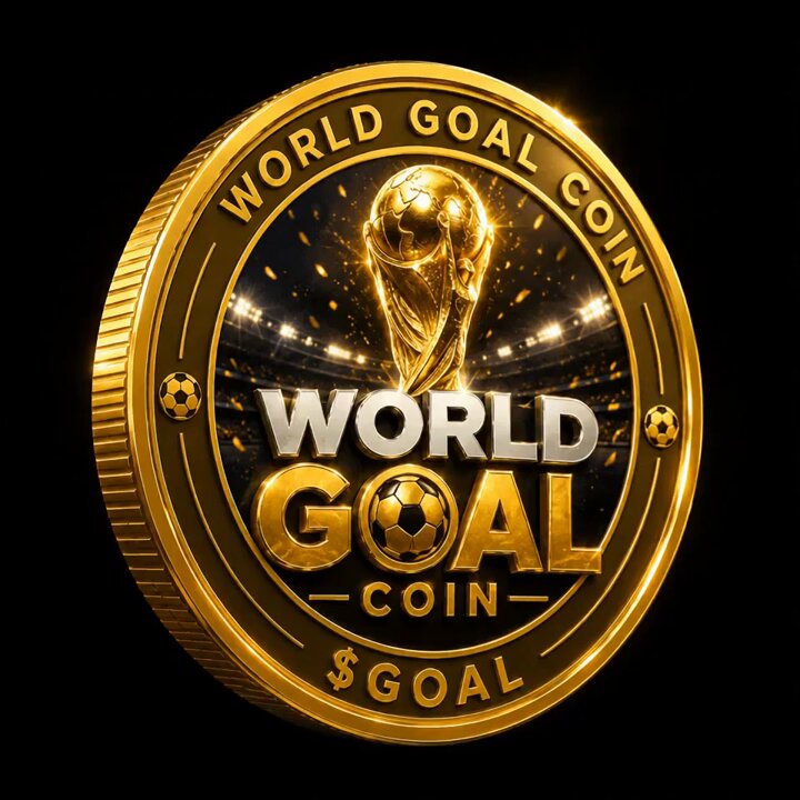 The image features a gold-colored World Goal Coin, which has the text "WORLD GOAL COIN" written on it. The coin is placed against a black background, making it stand out prominently. Below the coin, there's some text that reads "FINALLY, it's time to launch our own token on $SOL ... THE football prediction movement starts now !" and "1 Winner. Built on #Solana ◎ Drop your SOL wallets below". The image is related to a post about launching a new token called the World Goal Coin, which is designed for players to predict the outcome of soccer games and potentially win money based on their predictions.