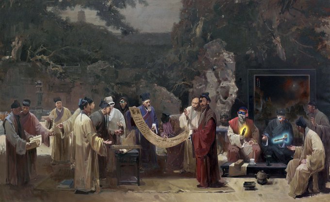 Classical painting depicting a gathering of ancient Chinese scholars or philosophers in traditional robes examining a scroll, with two modern figures (one with glowing Pikachu and one with glowing Portal gun) edited into the scene holding video game items.