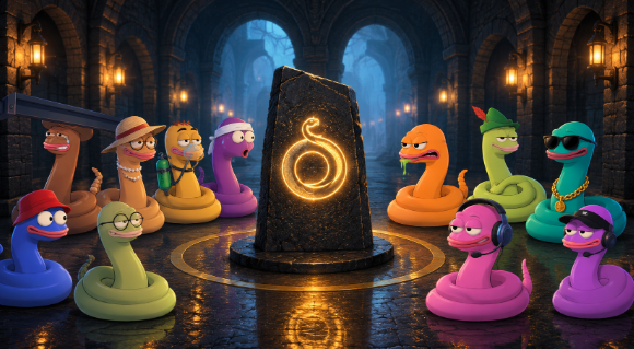A digitally illustrated scene featuring various colorful cartoon snakes wearing accessories (sunglasses, headphones, hats) gathered around a mysterious stone tablet with a glowing golden snake symbol in a stone dungeon.