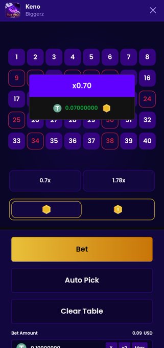 Mobile screenshot of a 'Keno' gambling game interface showing a number grid, betting options including '0.7x' and '1.78x', a 'Bet' button, and a popup displaying 'x0.70' and '0.07000000' with a bet amount of '0.09 USD'.