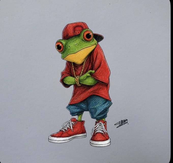 A colorful illustration of an anthropomorphic frog wearing a red cap backward, red shirt, gold chain, blue shorts, and red sneakers, with an artist's signature visible near the shoe. The image's streetwear-style frog aesthetic aligns with the $ZSWAP post's casual crypto/gaming vibe, though no specific token text appears in the artwork itself.