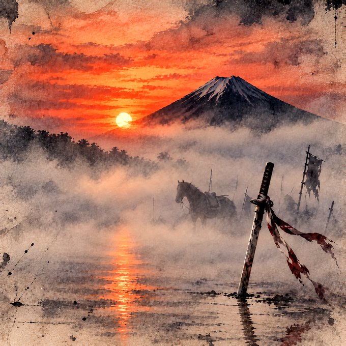 A watercolor-style artwork depicting a samurai sword stuck in the ground near a lake with a horse and banners in the background, set against a dramatic sunset with Mount Fuji in the distance.