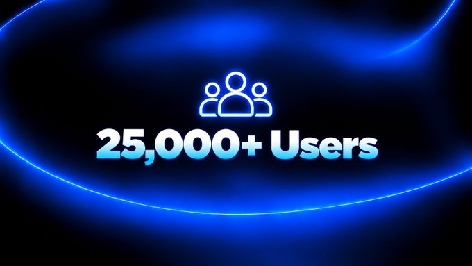 A promotional graphic with a blue glowing background displays "25,000+ Users" beneath a three-person user icon.