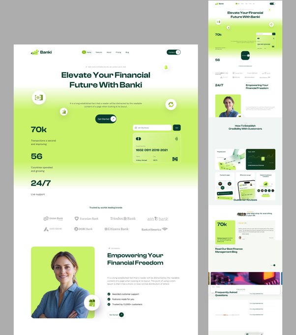 A modern, green-themed website design mockup for 'Banki' with the headline 'Elevate Your Financial Future With Banki,' featuring sections showing statistics (70k transactions, 56 countries, 24/7 support), a virtual bank card, and a section titled 'Empowering Your Financial Freedom' with a smiling woman.