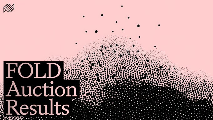 The image is a graphic titled "FOLD Auction Results" in bold white text on a pink background, featuring a stylized halftone illustration of a mountain composed of black dots. It visually accompanies the post announcing that Auction 2 sold its full 24M FOLD allocation, settled 532.42K USDC onchain at 4% above the floor, with upcoming options to lock FOLD for governance or bond it to run a ciphernode.