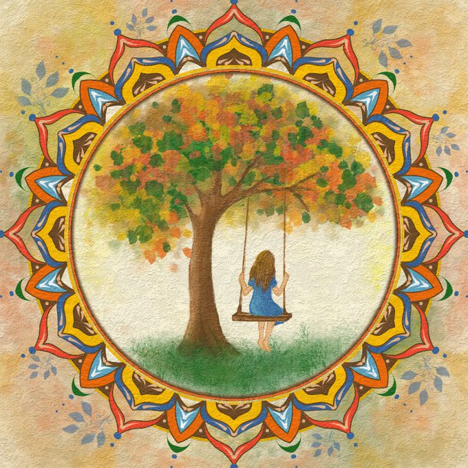 A watercolor-style illustration within a colorful mandala frame, showing a girl in a blue dress sitting on a wooden swing hanging from a tree with green and orange foliage.