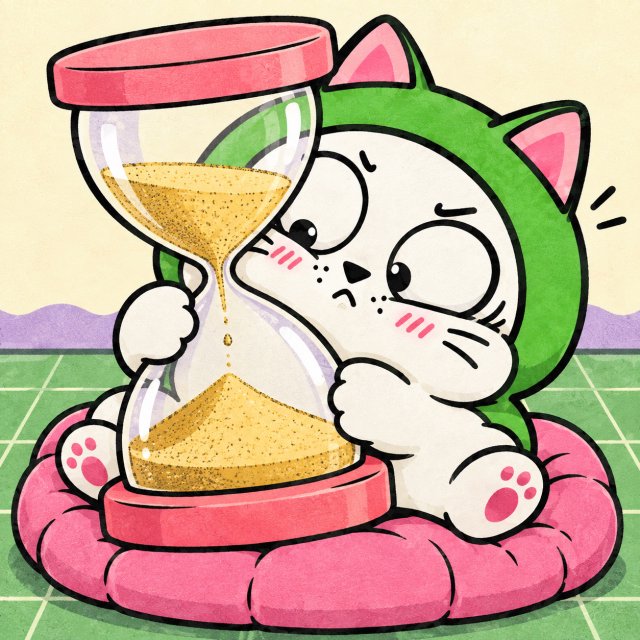 A cartoon cat in a green hoodie sits on a pink cushion, anxiously clutching an hourglass while watching golden sand trickle down grain by grain. The image visually captures the post's theme of impatiently counting down the remaining 45 minutes until the GTD mint event.