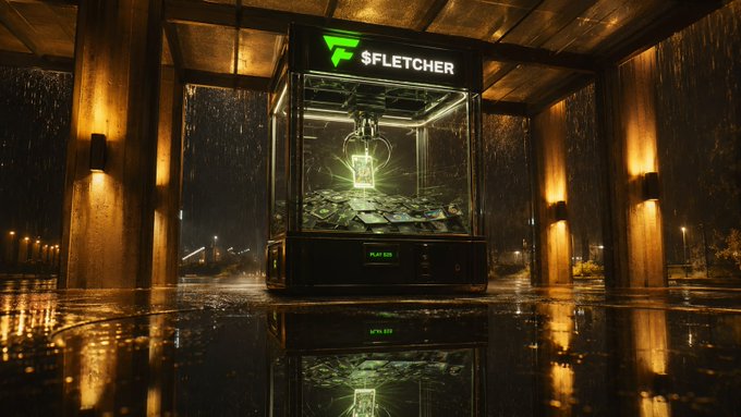 The image depicts a claw machine filled with cash, illuminated in a dimly lit, rainy setting, with the ticker "$FLETCHER" displayed prominently at the top—visually symbolizing the project's aim to capture and distribute value within the Virtuals ecosystem. The glowing green claw reaching for the money reinforces the post's theme of Fletcher being spotlighted for its promising launch and value-grabbing potential.