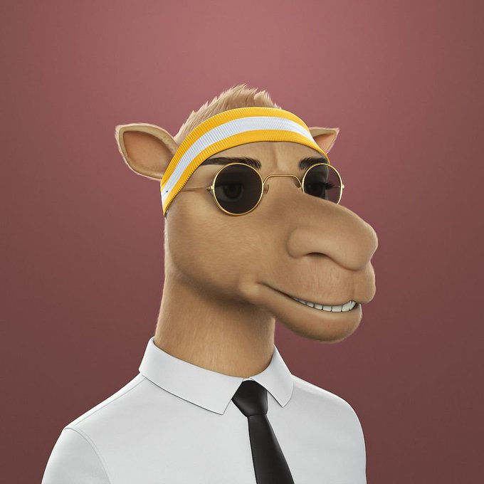 A 3D-rendered cartoon camel character wearing a yellow and white striped headband, round dark sunglasses, a white dress shirt, and a black tie, set against a solid maroon background.