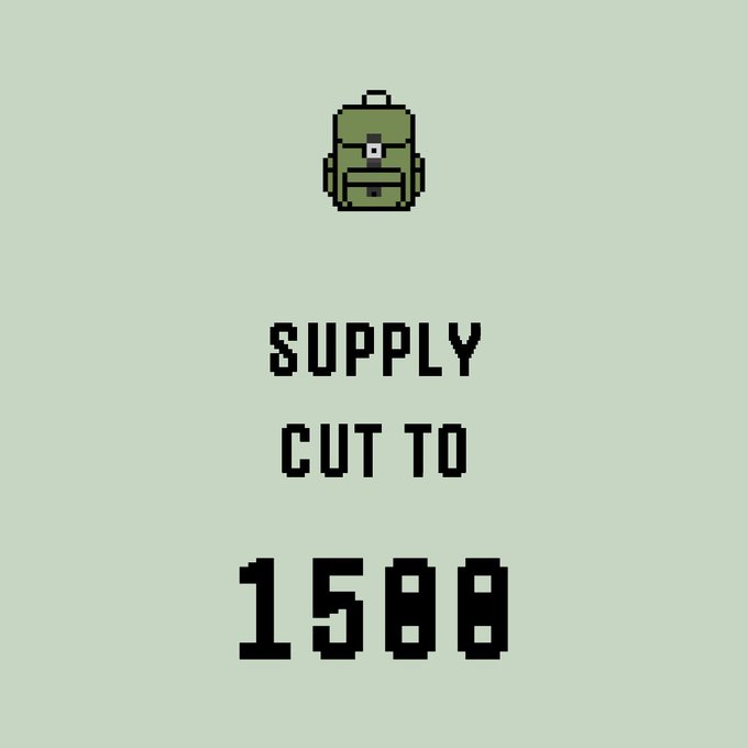 A pixel-art style graphic on a pale green background showing a backpack icon with text 'SUPPLY CUT TO 1588'.