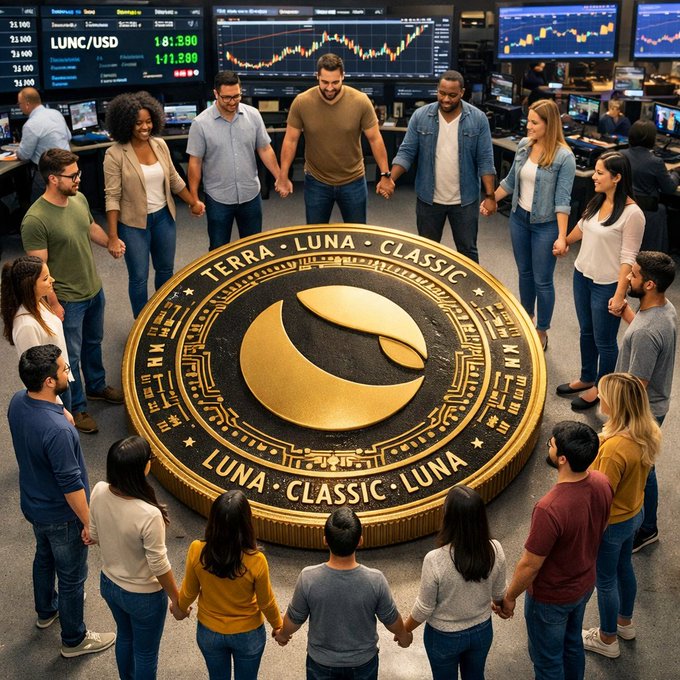 A diverse group of people hold hands in a circle around a giant golden 'TERRA LUNA CLASSIC' coin on a trading floor with cryptocurrency charts in the background.
