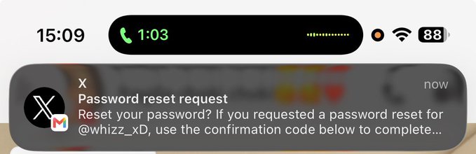 A smartphone notification displays a Twitter/X message about a password reset request for the account @whizz_xD, with the time showing 15:09 and a call timer at 1:03.