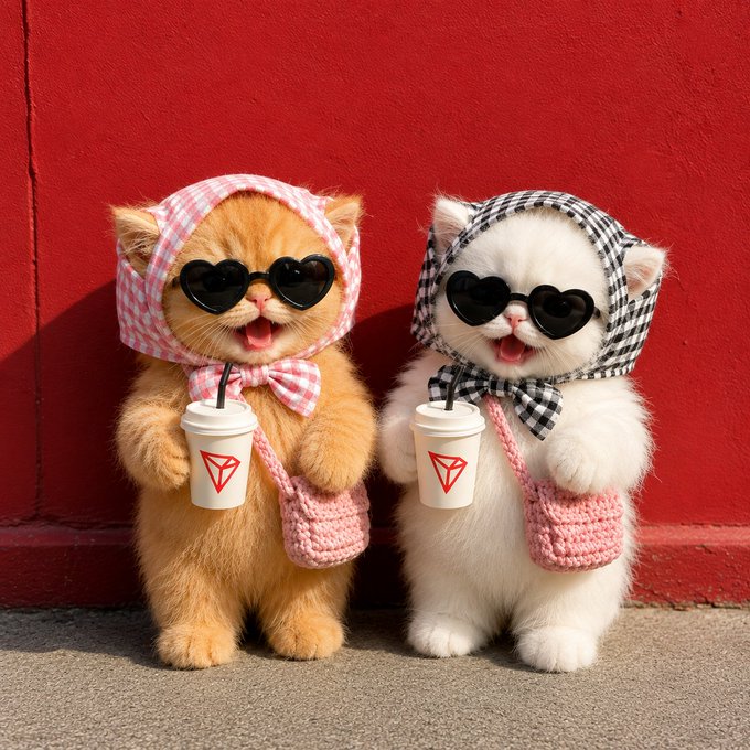 Two adorable kittens—one orange and one white—stand against a bright red wall, sporting heart-shaped sunglasses, gingham hood scarves, and tiny crocheted crossbody bags while sipping from coffee cups. The "GM 好搭子 + 咖啡 + 好天气= 满格好心情 #TRON" caption pairs with the scene perfectly, capturing that "good morning, bestie + coffee + great weather = perfect mood" vibe, with the diamond logo on the cups tying into the #TRON (TRX) crypto tag.