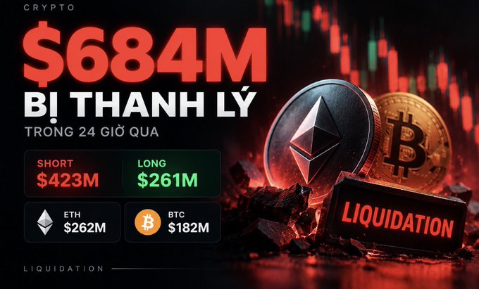 A crypto market graphic showing '$684M BỊ THANH LÝ' (liquidated) in the last 24 hours, with $423M shorts and $261M longs, breaking down to $262M in ETH and $182M in BTC liquidations.