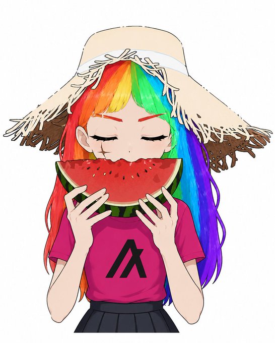 An anime-style illustration of a girl with long rainbow-colored hair wearing a straw hat and a pink t-shirt with the Aptos logo, eating a slice of watermelon.
