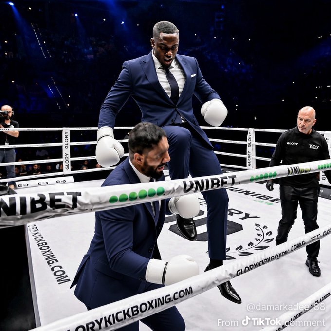 Two men in blue suits wear white boxing gloves in a Glory kickboxing ring, with 'UNIBET' and 'GLORYKICKBOXING.COM' visible on the ropes.