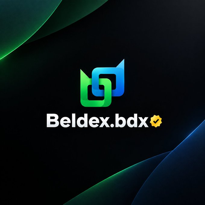 A digital logo graphic on a dark background featuring an interlocking green and blue square design with the text 'Beldex.bdx' and a verification checkmark.