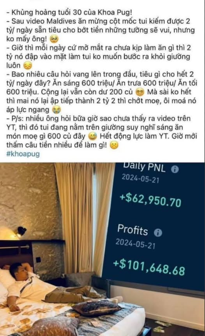 A Vietnamese social media post about 'Khoa Pug's 30th birthday' featuring a man lounging on a bed next to a TV screen displaying 'Daily PNL: +$62,950.70' and 'Profits: +$101,648.68' dated 2024-05-21.