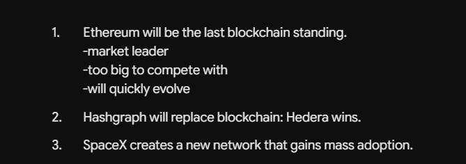 A black slide presents three predictions: "1. Ethereum will be the last blockchain standing. -market leader, -too big to compete with, -will quickly evolve; 2. Hashgraph will replace blockchain: Hedera wins; 3. SpaceX creates a new network that gains mass adoption."