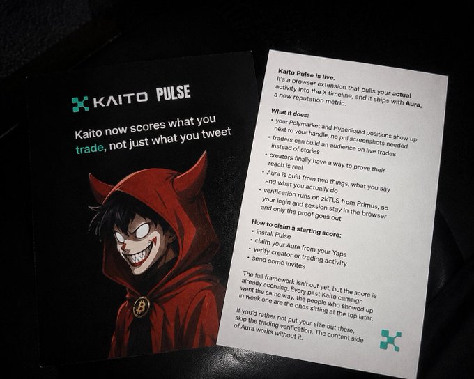 A promotional card for 'KAITO PULSE' featuring a red-hooded anime character with a sinister grin, explaining that Kaito now scores what you trade (not just what you tweet) and describing how to claim a starting score.