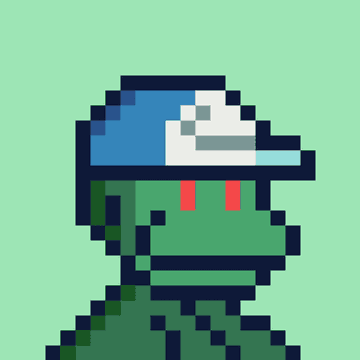 A pixel art green dragon/dinosaur character wearing a blue and white baseball cap with red eyes appears as a stylized profile image, serving as visual branding for an NFT collector who is highlighting their holdings in various projects like GalacticGecko and Okay Bears.