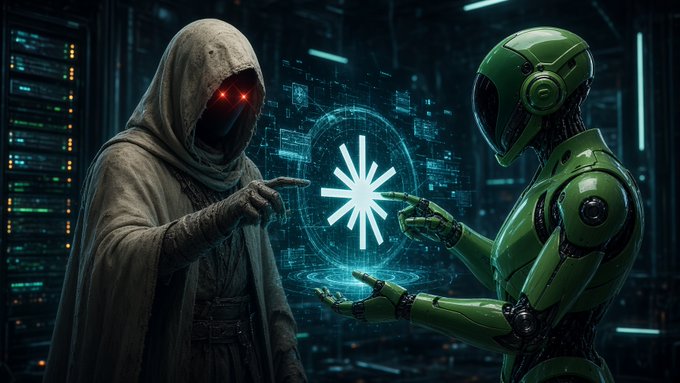 A hooded figure with glowing red eyes and a green humanoid robot exchange a glowing blue asterisk symbol in a futuristic server room, symbolizing the seamless, behind-the-scenes automation of a new signal boost feature connecting accounts with ease.