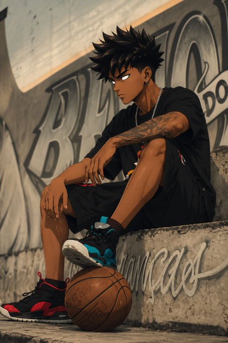 An anime-style illustration of a dark-skinned young man with spiky black hair, wearing a black t-shirt and shorts with blue, black, and red sneakers, sitting on a concrete ledge with a basketball at his feet against a graffiti-covered wall.