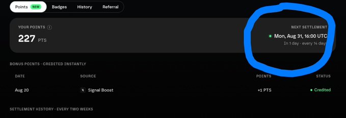 Dark-themed rewards dashboard showing 227 points, with a blue hand-drawn circle highlighting 'NEXT SETTLEMENT: Mon, Aug 31, 16:00 UTC'.