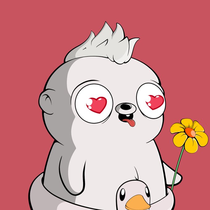 A cartoon illustration features a white seal-like creature with heart-shaped eyes holding a yellow flower, with a smaller duck or bird character peeking out from below.