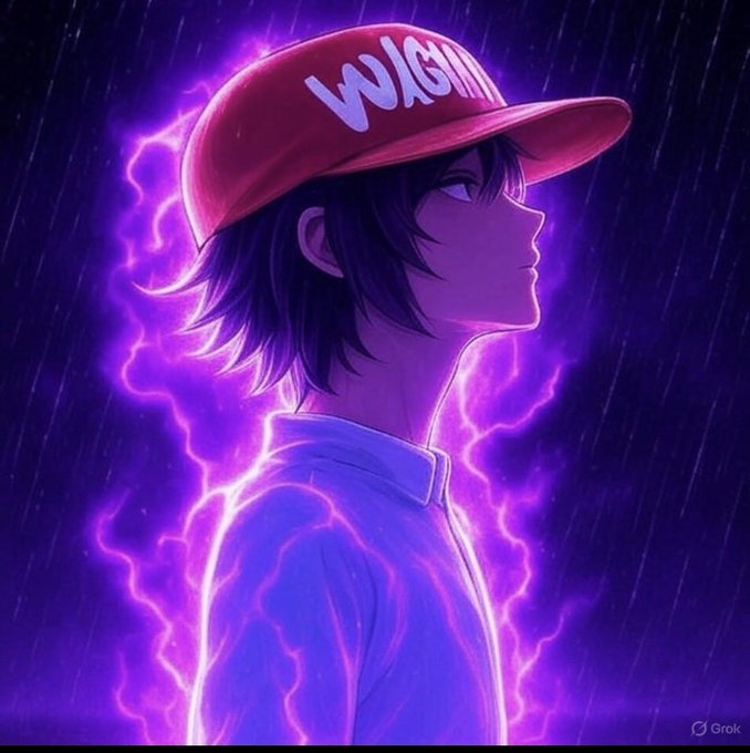 An anime-style illustration of a character wearing a red cap with 'Wojak' text, surrounded by purple lightning in the rain, signed by Grok.