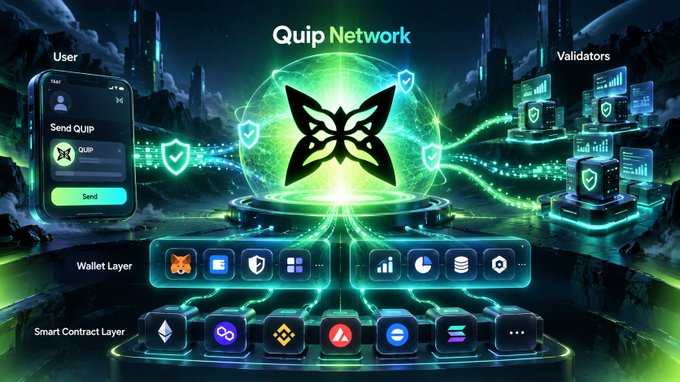 A futuristic promotional graphic for 'Quip Network' showing a User interface for 'Send Quip' on the left and Validators network on the right, with Wallet Layer and Smart Contract Layer icons at the bottom.