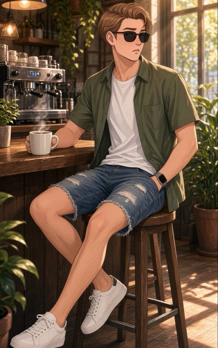 An anime-style illustration of a stylish young man in sunglasses, green shirt, and ripped denim shorts sitting on a stool at a coffee shop counter.